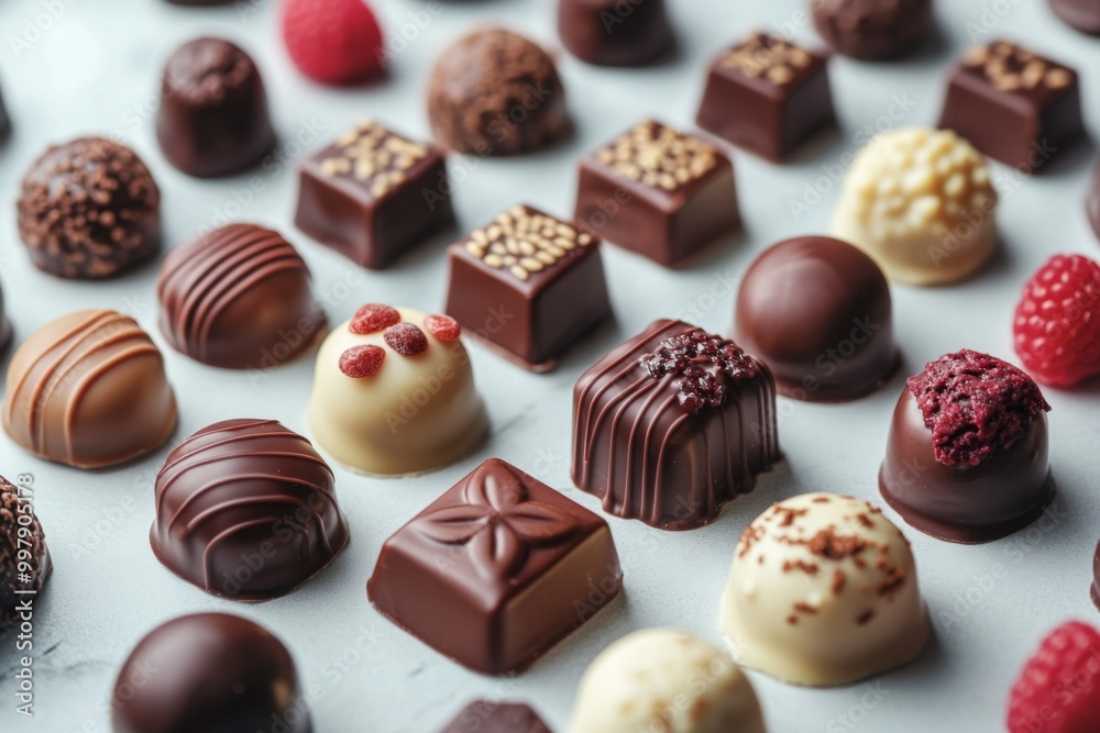 Assorted chocolate confections, pralines, truffles. Various size and shaped chocolates, arranged on light surface. Assorted chocolate confections, pralines, truffles. Various size and shaped chocolates, arranged on light surface.