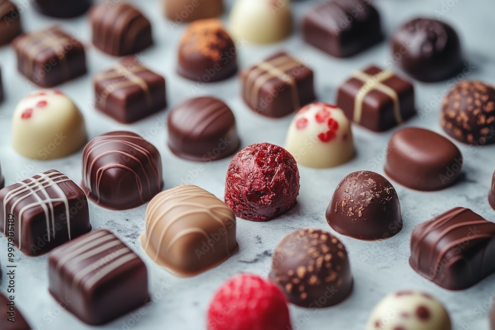 Assorted chocolate confections, pralines, truffles. Various size and shaped chocolates, arranged on light surface. Assorted chocolate confections, pralines, truffles. Various size and shaped chocolates, arranged on light surface.