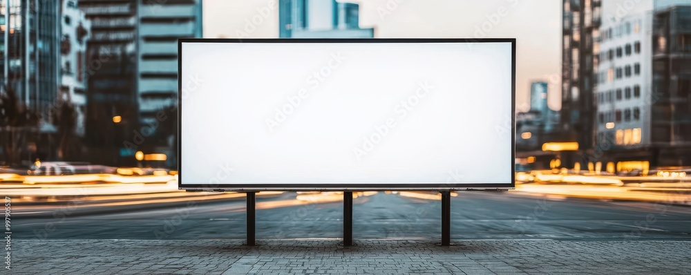 Blank Billboard Mockup in City Street with Blurred Traffic Lights Blank Billboard Mockup in City Street with Blurred Traffic Lights