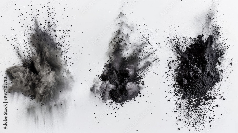 Explosive Black Powder Burst Sequence on White Background Explosive Black Powder Burst Sequence on White Background