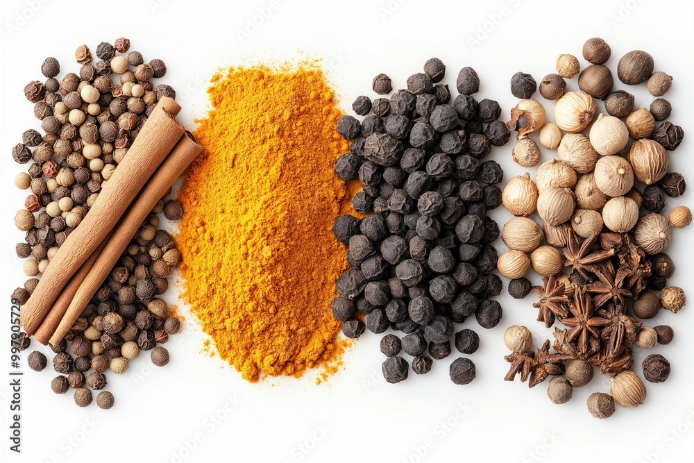 Turmeric powder surrounded by black pepper, cinnamon sticks, star anise, and nutmeg on a white background Turmeric powder surrounded by black pepper, cinnamon sticks, star anise, and nutmeg on a white background