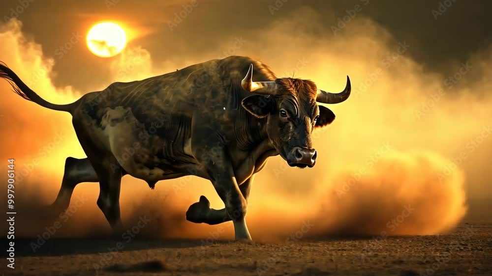 A powerful bull charges through a dusty field at sunset