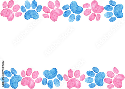 Frame made of pet paw prints. Pink, blue color. Watercolor. Different shades of colors and textures. White copy space and background. Elements are placed above and below the background. Horizontal. photo