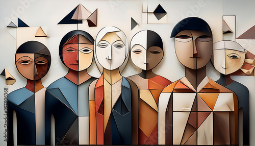 In colorful cubism, individuals and concepts are deconstructed and reassembled into triangular shapes.