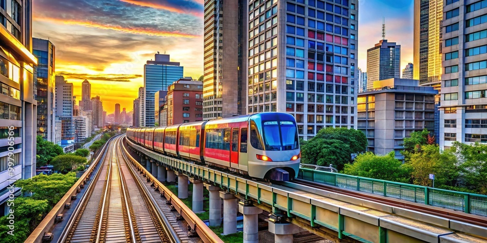 Fototapeta premium Elevated train traveling through an urban landscape, showcasing modern architecture and city life