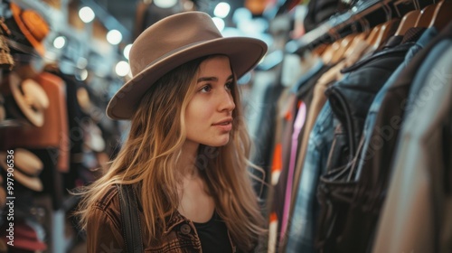 Stylish Young Woman Shopping for Hats in a Boutique