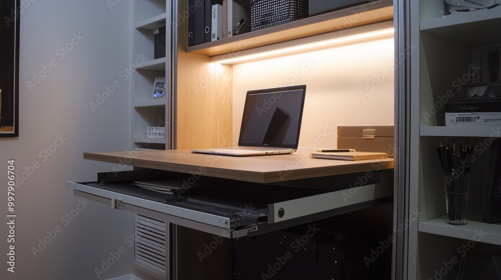 Small space home office in a closet with a pull-out desk, built-in shelves, and soft LED lighting Compact and hidden Small space home office in a closet with a pull-out desk, built-in shelves, and soft LED lighting Compact and hidden