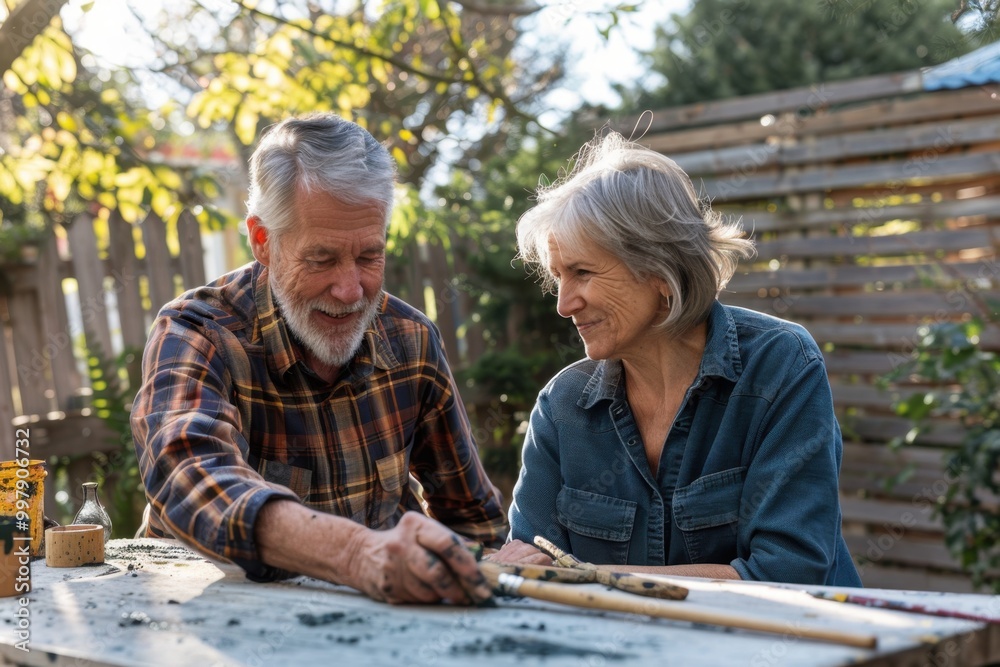 Smiling Senior Couple Gardening Together in Backyard Smiling Senior Couple Gardening Together in Backyard