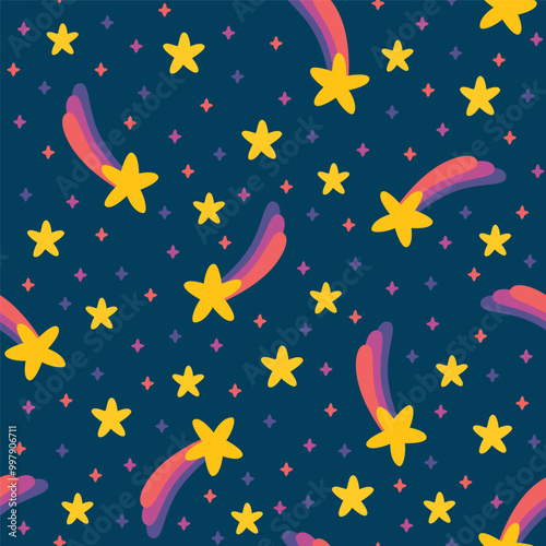 repeating seamless pattern of shooting stars in outer space, suitable for children's design needs, cloth, wrapping paper, textile, cloth, digital and others