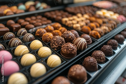 Assorted chocolate confections, pralines, truffles. Various size and shaped chocolates, arranged in display. photo