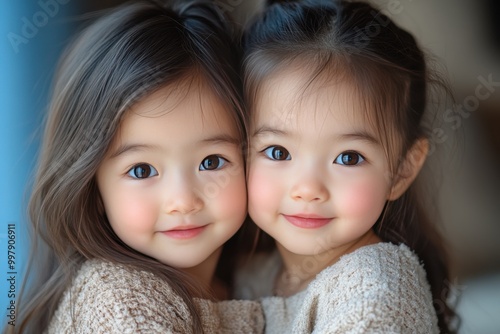 Adorable Asian Twins with Sparkling Eyes and Charming Smiles