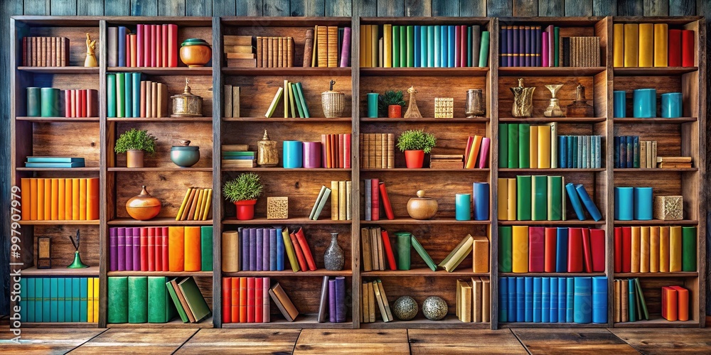 Expansive Wooden Bookshelf Filled with a Variety of Colorful Books and Decorative Items in Room Expansive Wooden Bookshelf Filled with a Variety of Colorful Books and Decorative Items in Room
