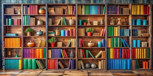 Expansive Wooden Bookshelf Filled with a Variety of Colorful Books and Decorative Items in Room