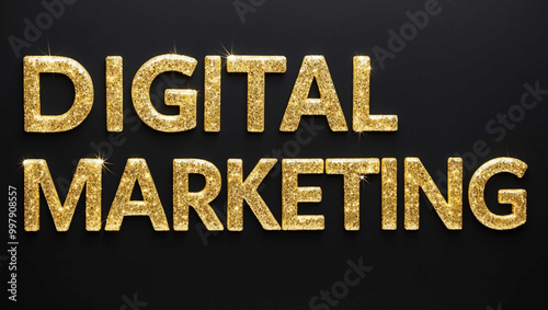 digital marketing word lettering with glitter gold shining effect on plain black background