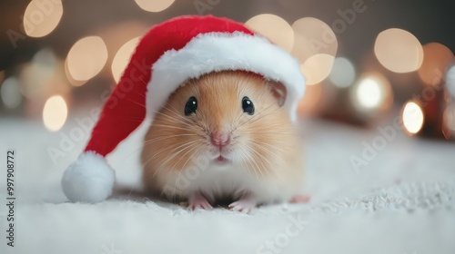 Cute little hamster wearing a Santa hat. New Year