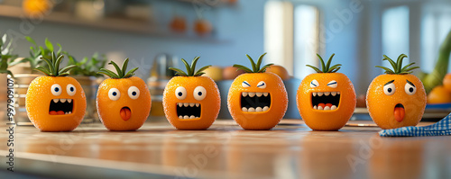 Cherry Tomatoes with Jack-o-Lantern Carved Faces, Funny Halloween Background. Healthy Food, Seasonal Salad, Fruits, Vegetables. Delicious, Tasty, Appetising. Grocery Shop, Lunch Cafe Restaurant Banner