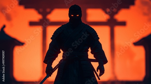 A mysterious ninja silhouette stands against a fiery orange background, exuding an aura of stealth and intrigue in a traditional Asian setting. photo