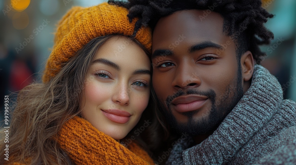 Affectionate Multiracial Couple Embracing in Warm Winter Attire Affectionate Multiracial Couple Embracing in Warm Winter Attire