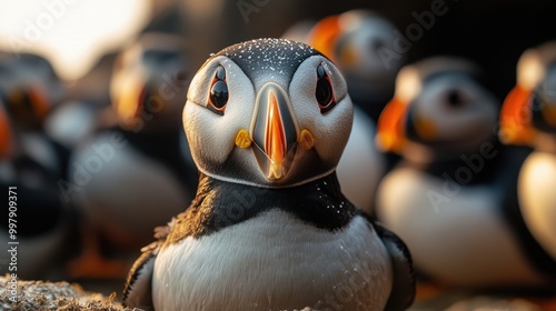 Atlantic Puffin Amongst Peers in Golden Hour Light photo