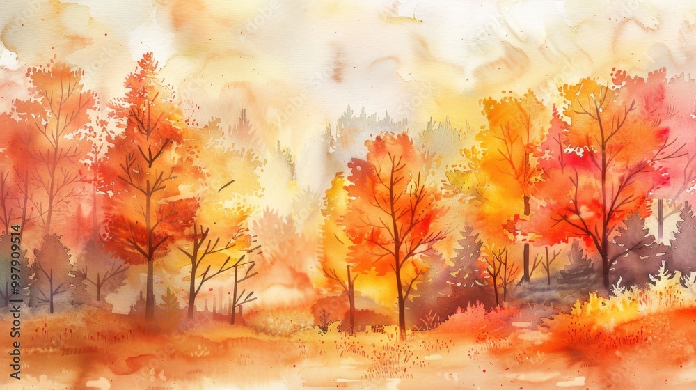 Autumn Watercolor Landscape with Vibrant Trees and Pathway Autumn Watercolor Landscape with Vibrant Trees and Pathway