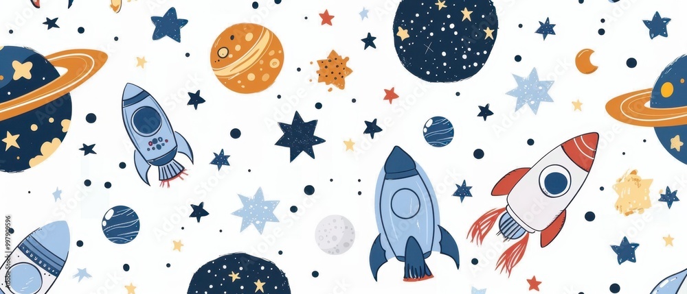 Cosmic Adventure: Colorful Space Rockets and Planets Pattern Cosmic Adventure: Colorful Space Rockets and Planets Pattern