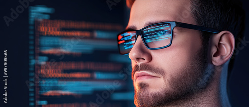 Futuristic Programmer Engaging with Holographic Interface in Cybersecurity Research and Trading Environment