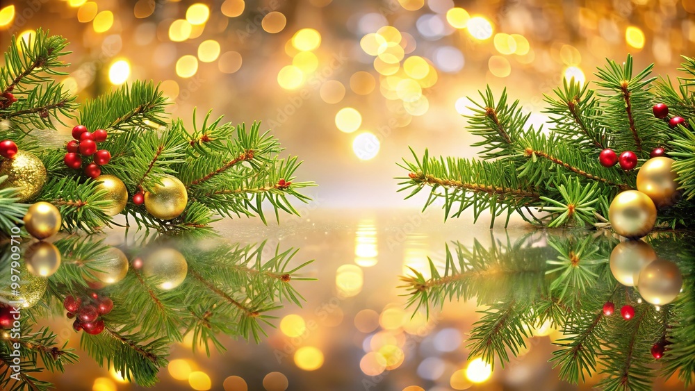 festive holiday backdrop with reflected christmas tree branches festive holiday backdrop with reflected christmas tree branches