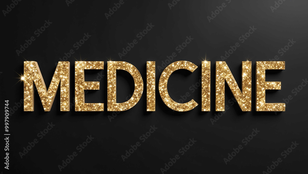 Medicine word lettering with glitter gold shining effect on plain black background Medicine word lettering with glitter gold shining effect on plain black background