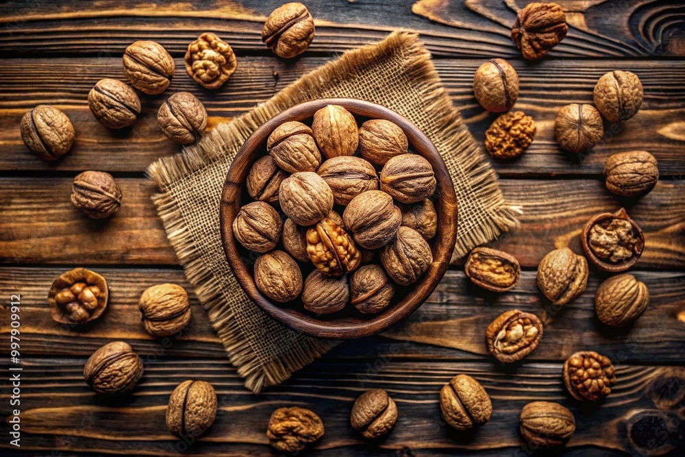 Freshly harvested caucasian walnuts arranged on a rustic wooden table with natural lighting backdrop Freshly harvested caucasian walnuts arranged on a rustic wooden table with natural lighting backdrop
