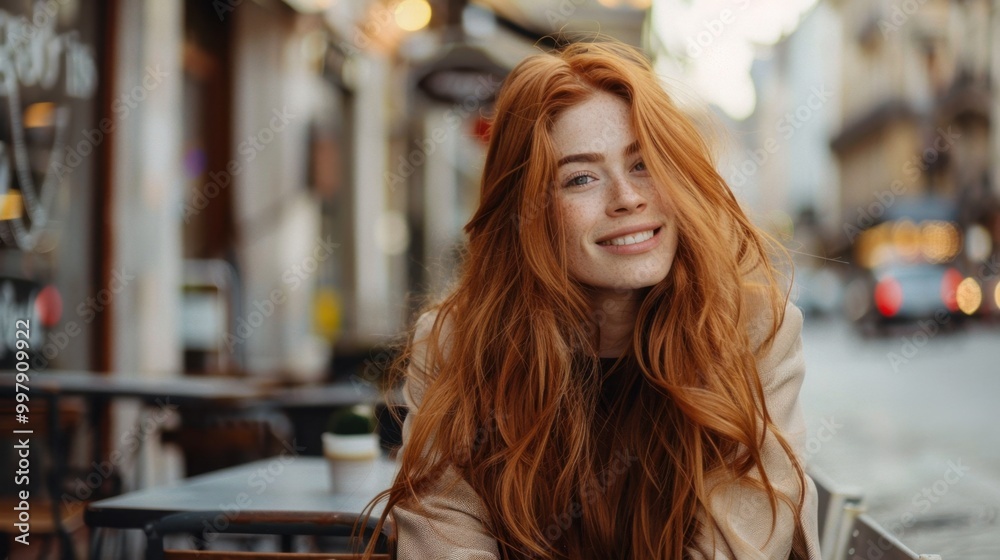 Smiling Redhead Woman in Cafe Having a Good Time Smiling Redhead Woman in Cafe Having a Good Time