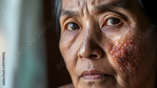 Closeup of Asian Woman's Face with Shingles Rash.