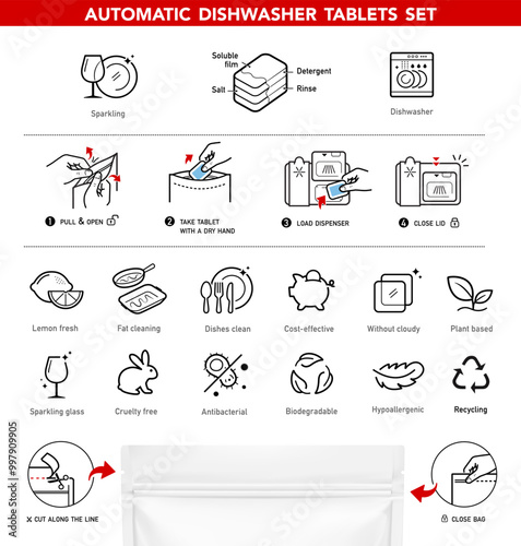 Opening zip locks, tear notch on pouch bag for dishwasher tabs set of icons. Set for package, shows the place of opening. Vector elements. Ready and simple to use for your design. EPS10.