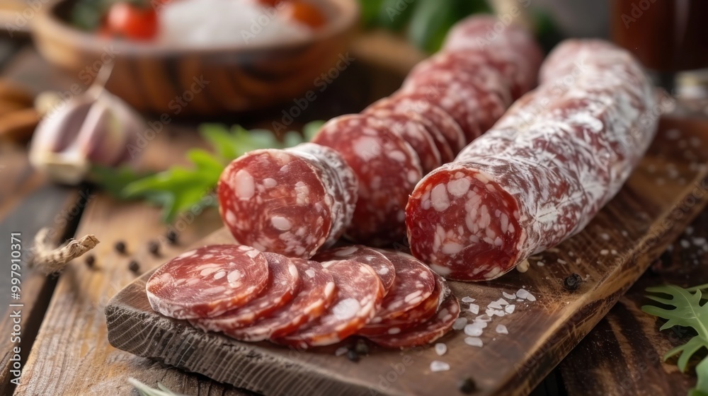 Delightful Sliced Salami Display on Rustic Wooden Board Delightful Sliced Salami Display on Rustic Wooden Board