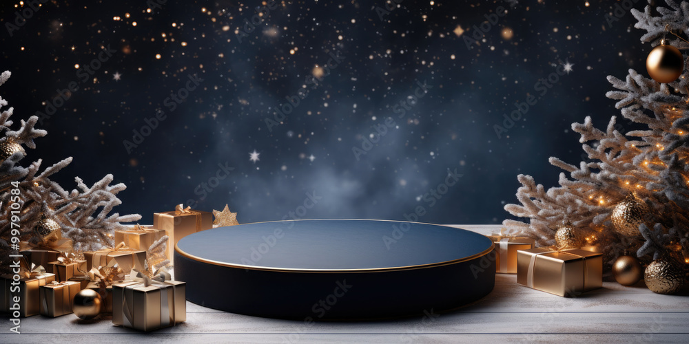 A round empty podium against the backdrop of Christmas decorations. Perfect for placing your product this holiday season. A round empty podium against the backdrop of Christmas decorations. Perfect for placing your product this holiday season.