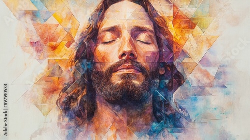 A powerful portrait of Jesus Christ with geometric patterns and soft hues, symbolizing faith and divine presence. .