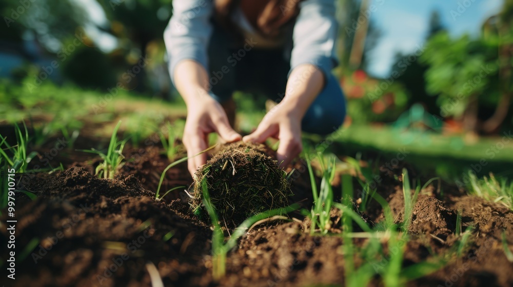 Woman Planting Sapling in Garden on Sunny Day Woman Planting Sapling in Garden on Sunny Day
