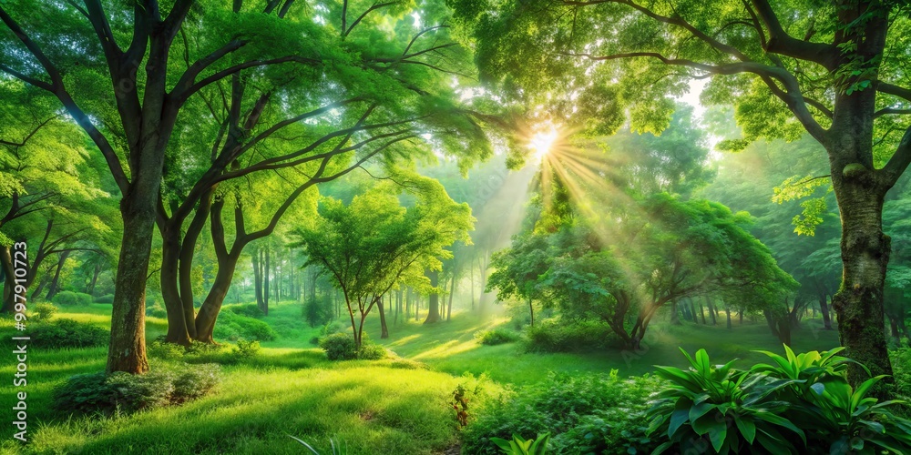 A breathtaking natural scene unfolds with lush greenery, bright foliage, and sunlight streaming through the dense A breathtaking natural scene unfolds with lush greenery, bright foliage, and sunlight streaming through the dense