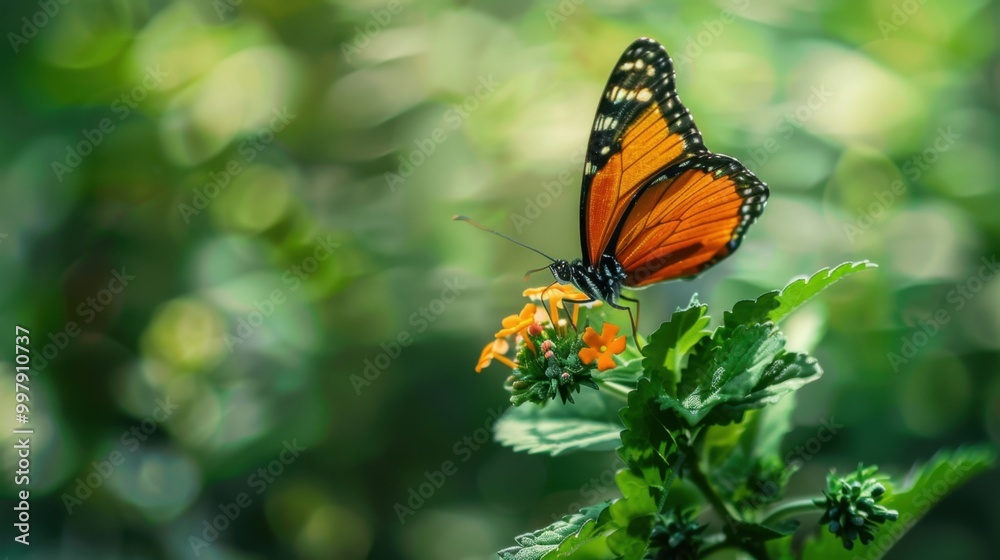 Vibrant Monarch Butterfly on Orange Flower Against Green Bokeh Vibrant Monarch Butterfly on Orange Flower Against Green Bokeh