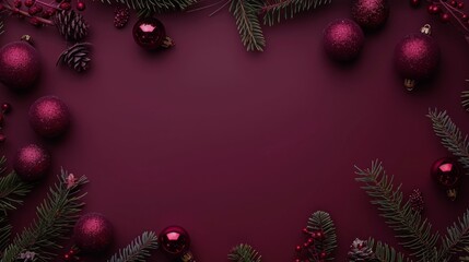 A purple background with a bunch of red balls and pine needles