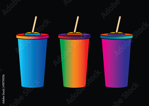 Fast food plastic cup with straw. Hot or cold drink. Original vector illustration in vintage style.