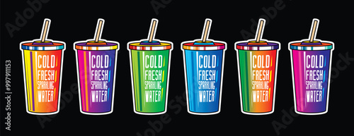 Fast food plastic cup with straw. Hot or cold drink. Original vector illustration in vintage style.
