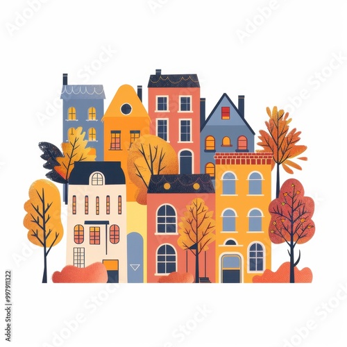 Autumn Townscape with Colorful Cartoon Houses and Trees