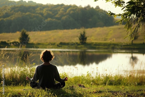 Person meditating by tranquil lake at sunset