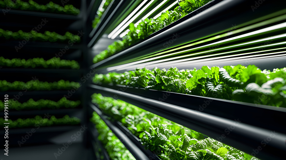 Vertical farm with multi-layered crops under LED lights, futuristic sustainable agriculture concept. Vertical farm with multi-layered crops under LED lights, futuristic sustainable agriculture concept.