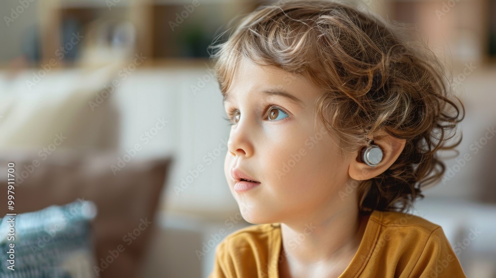 Curly-Haired Young Girl with Wireless Earbuds Looking Away Thoughtfully Curly-Haired Young Girl with Wireless Earbuds Looking Away Thoughtfully