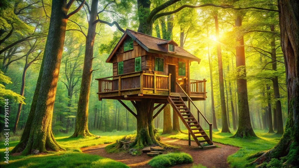 Naklejka premium Imaginative Tree House Drawing in a Lush Green Forest Setting for Kids and Nature Lovers