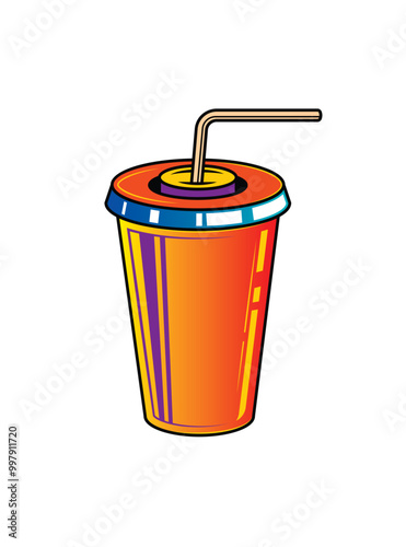 Fast food plastic cup with straw. Hot or cold drink. Original vector illustration in vintage style.