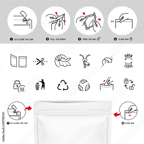 Opening zip locks, tear notch on pouch bag for dishwasher tabs set of icons. Set for package, shows the place of opening. Vector elements. Ready and simple to use for your design. EPS10.