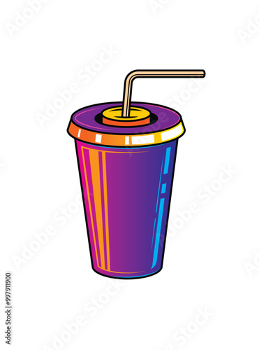 Fast food plastic cup with straw. Hot or cold drink. Original vector illustration in vintage style.