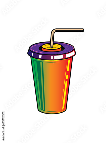 Fast food plastic cup with straw. Hot or cold drink. Original vector illustration in vintage style.